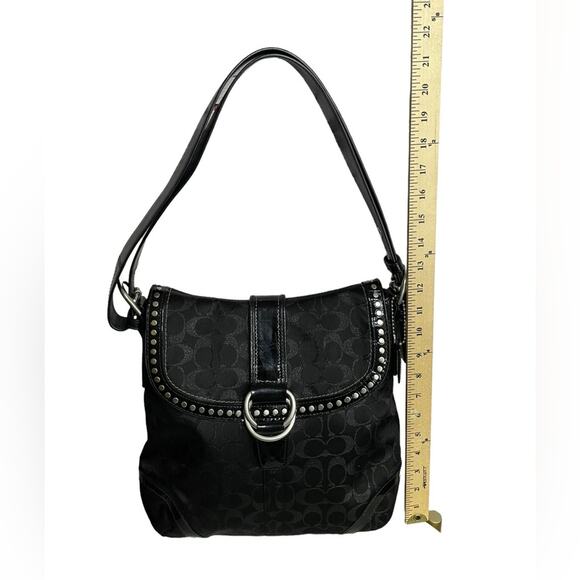 Coach Flap Duffle Monogram Canvas Leather Studding Black Shoulder Handbag Purse - Picture 10 of 12